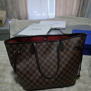 Louis Vuitton Medium Brown Checkered Tote Bag with Red Interior. Original